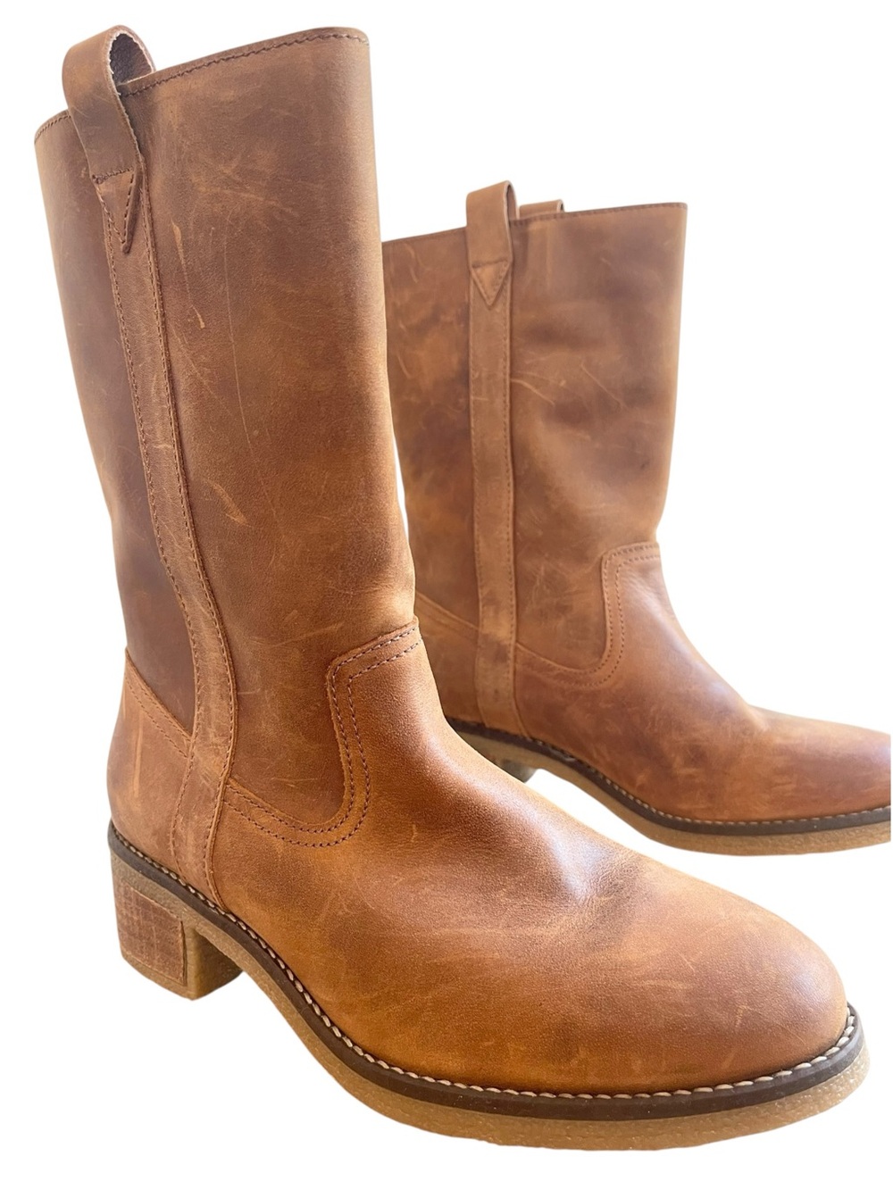Steve Madden Winny Leather Mid Calf Boots Cognac Brown Boho Western Size 7.5